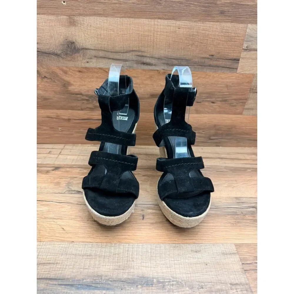 Ugg size 9.5 Callia Black Suede Platform Wedge Ankle Strap Heels Sandals women